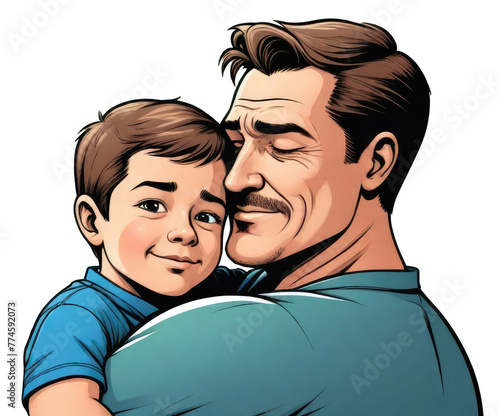 Father's Day Love: A heartwarming illustration of a father embracing his son, capturing the bond of love and affection between a father and son, symbolizing family, protection, and unconditional love.