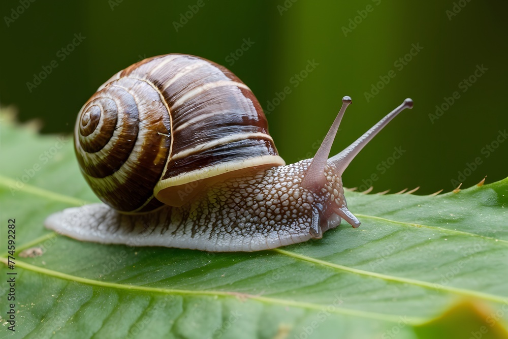 Snail crawls along leaf, showcasing intricate details in macro view Snail crawls along leaf, showcasing intricate details in macro view