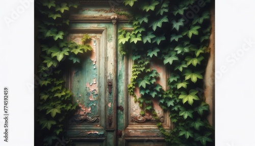 A close-up image of an antique door with layers of peeling paint in soft pastel colors, partially concealed by lush green ivy.