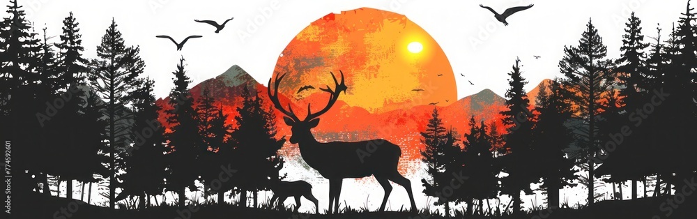 Wildlife Adventure: Silhouette of Deer Family with Baby in Sunset/Sunrise Forest - Hunting Landscape Panorama Vector for Logo