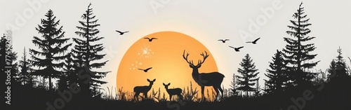 Deer Family Silhouette at Sunset/Sunrise - Wildlife Adventure Hunting Landscape Vector Illustration for Logo Design