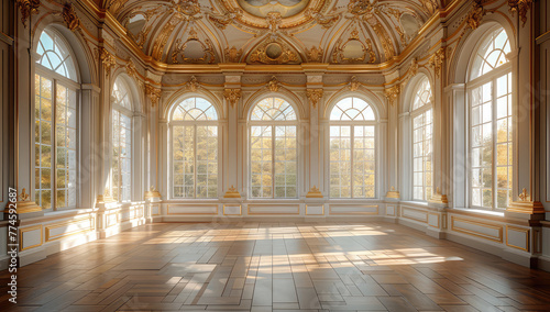 Beautiful interior of an ancient baroque palace with large windows and sun rays shining through them. Created with Ai