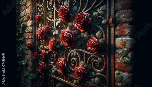 A detailed close-up of a rusty, intricate iron gate with red roses climbing and intertwining through its bars. photo