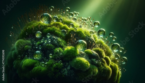 A detailed image of a moss-covered rock with water droplets reflecting the surrounding greenery. © FantasyLand86
