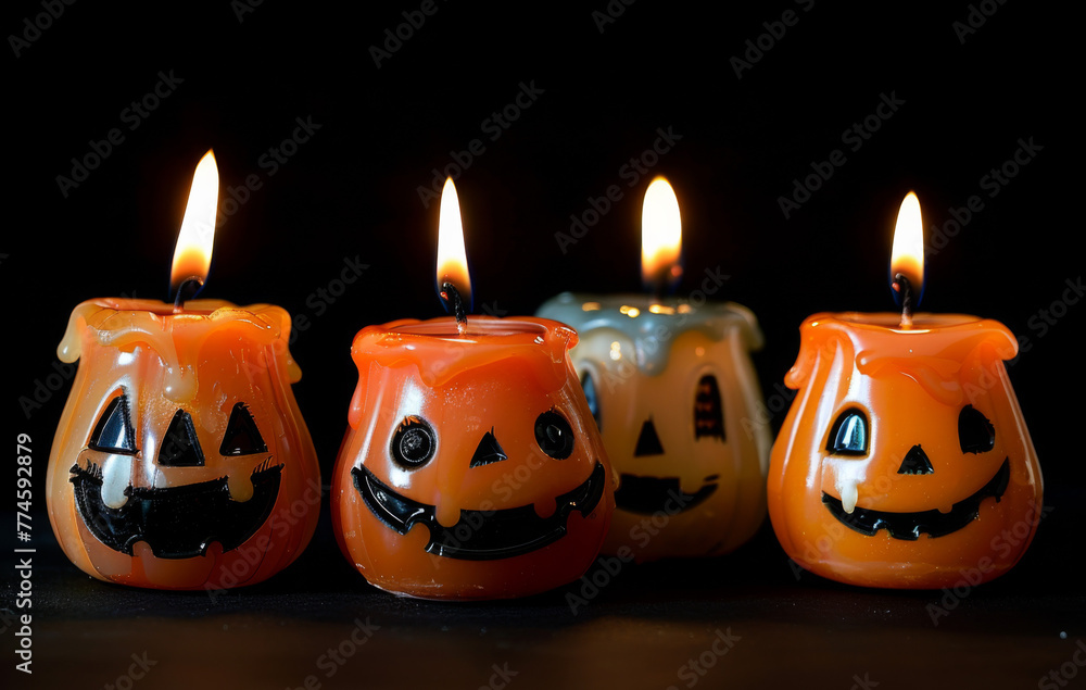 Four halloween candles with faces on black background Four halloween candles with faces on black background