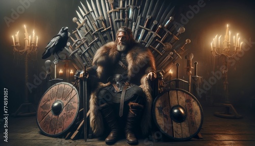 A Viking chieftain seated on a throne made of swords and shields, with a raven perched on the armrest. photo