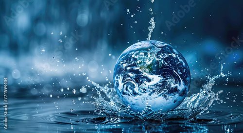 A globe made of water, floating in the air with Earth inside it. The background is dark blue and the surface below has some ripples. A small splash of water surrounds part or all of earth. photo