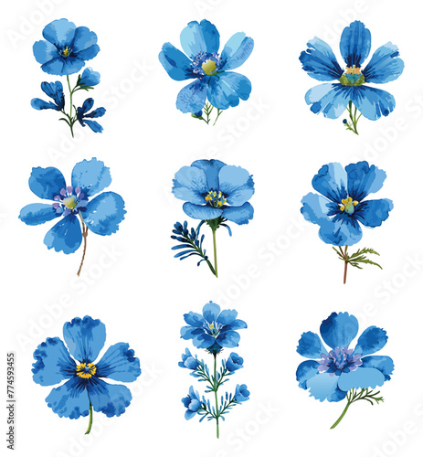 手書き風の青い花のイラストセット