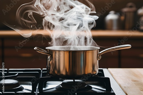 Stainless steel pot on gas stove emits swirling steam at home