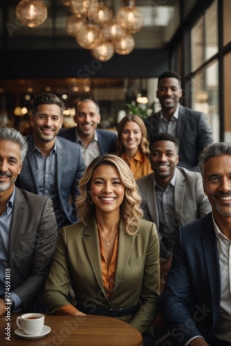 A group of people are smiling and posing for a photo in a restaurant