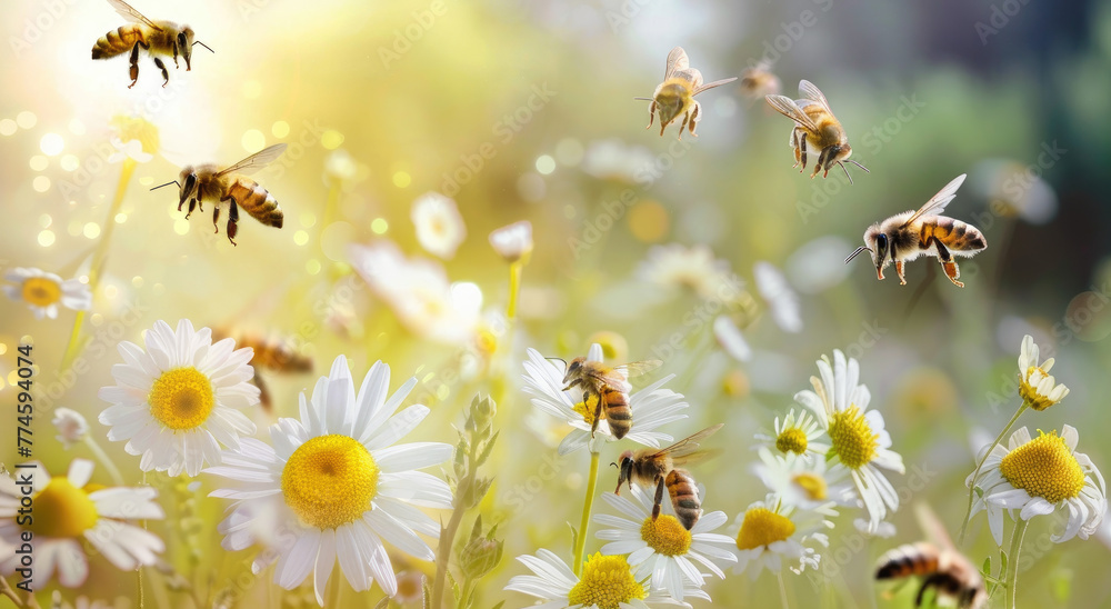 Bees flying in the air above flowers on a green meadow, during spring time in a nature landscape with bees and wildflowers on a sunny day. - obrazy, fototapety, plakaty 