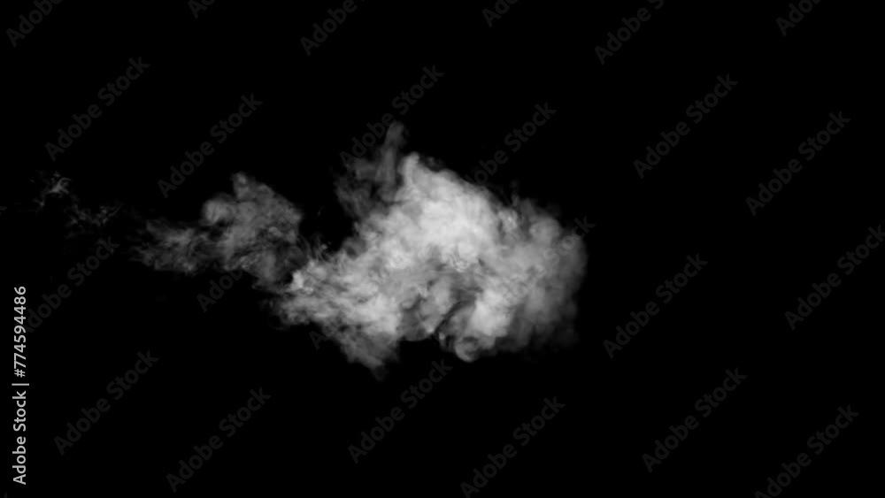 Smoke spewing out for intro video effect isolated on black background. steam spray isolated on black background