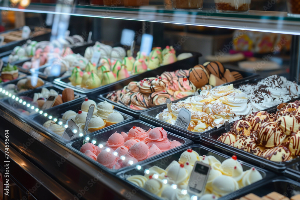 A row of ice cream flavors in a display case. The flavors include chocolate, strawberry, and vanilla