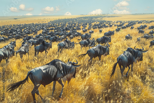 A large herd of wildebeest during the Great beyond yellow grass