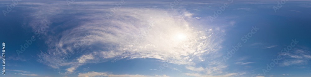 Blue summer sky panorama with light Cirrus clouds. HDR 360 seamless spherical panorama. Full zenith or sky dome for 3D visualization, sky replacement for aerial drone panoramas. Blue summer sky panorama with light Cirrus clouds. HDR 360 seamless spherical panorama. Full zenith or sky dome for 3D visualization, sky replacement for aerial drone panoramas.