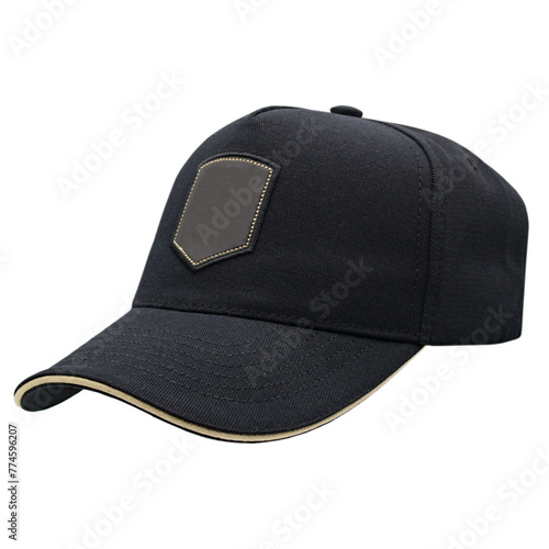 Black baseball cap, tracker cap with black patch for your logo. Mockup. A blank for the work of a designer. Isolate on a white background. Accessory for athletes, baseball players, bikers, rockers.
