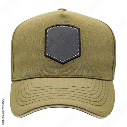 Khaki baseball cap, tracker cap with black patch for your logo. Mockup. A blank for the work of a designer. Isolate on a white background. Accessory for athletes, baseball players, bikers, rockers.