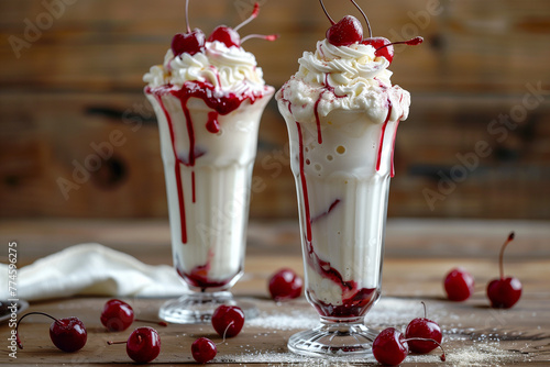 Two glasses of cherry ice cream with cherry syrup dripping from the top