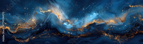 Blue Marble Waves with Golden Splashes - Abstract Paint Texture for Luxe Backgrounds, Banners, and More - AI Generated Art