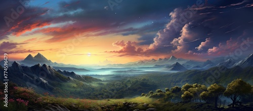 The scenic artwork depicts a serene mountain landscape with colorful hues of a setting sun in the background