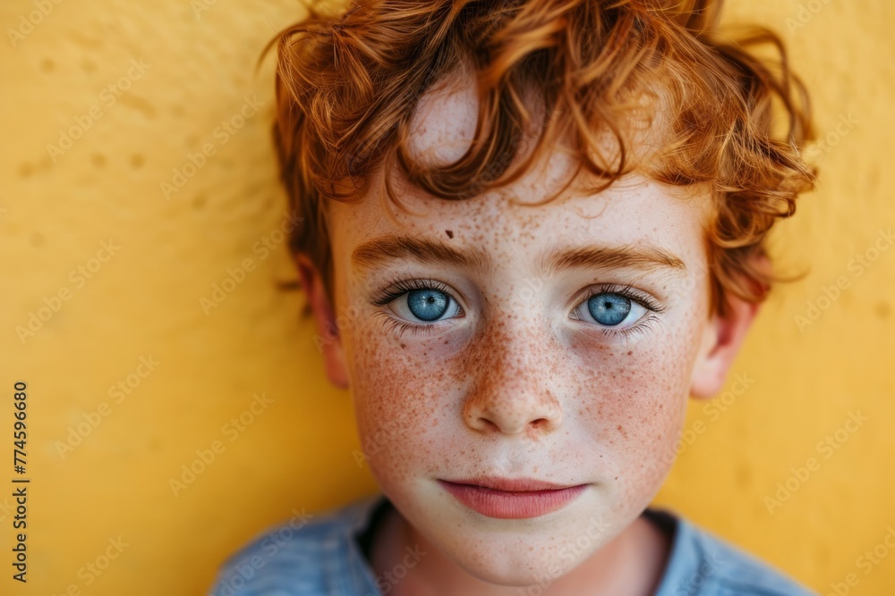 Redhead boy with freckles on his face looking at camera Redhead boy with freckles on his face looking at camera