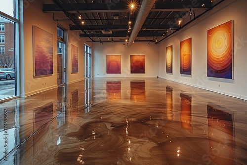 Minimalist gallery space with abstract art and polished concrete floorssuper detailed photo
