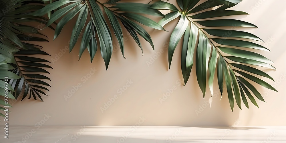 Tropical palm leaves on beige background with copy space