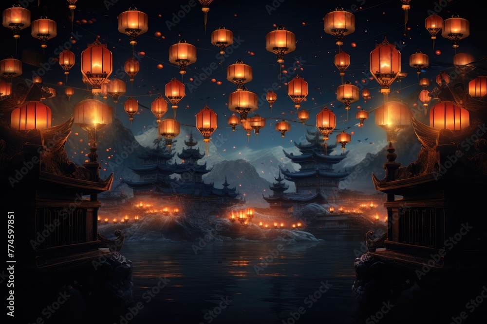 Lanterns with soft glowing lights forming a border around the text