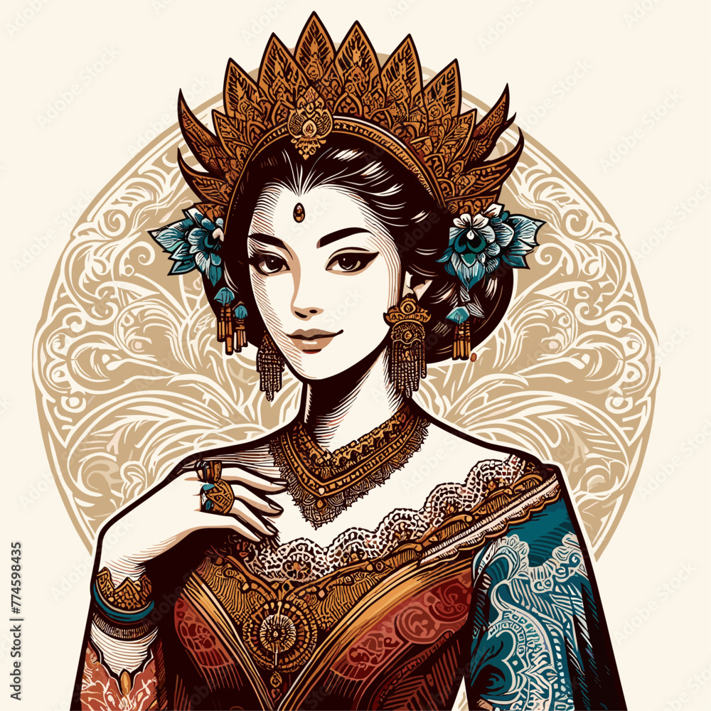 Kartini Indonesian Woman Wearing Traditional Dress illustration