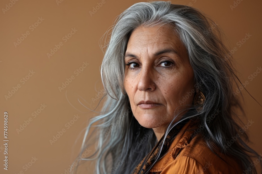 Portrait of a beautiful senior woman with long grey hair on a brown background Portrait of a beautiful senior woman with long grey hair on a brown background