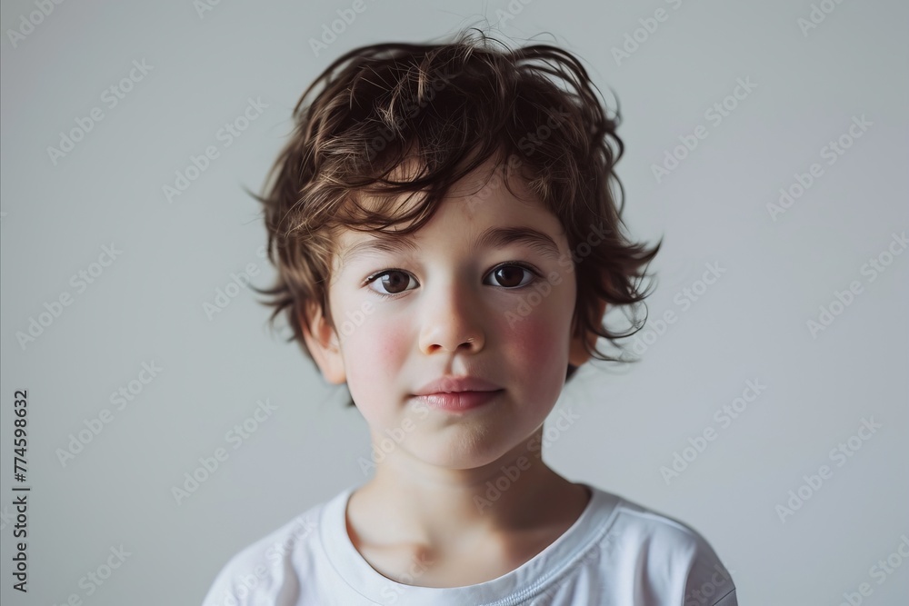 Portrait of a cute little boy with curly hair looking at camera Portrait of a cute little boy with curly hair looking at camera