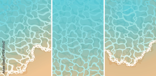 Set of flat background beach designs. Calm transparent blue water surface and sandy beach. Modern background in cartoon style. Background for summer vacation. Vector illustration