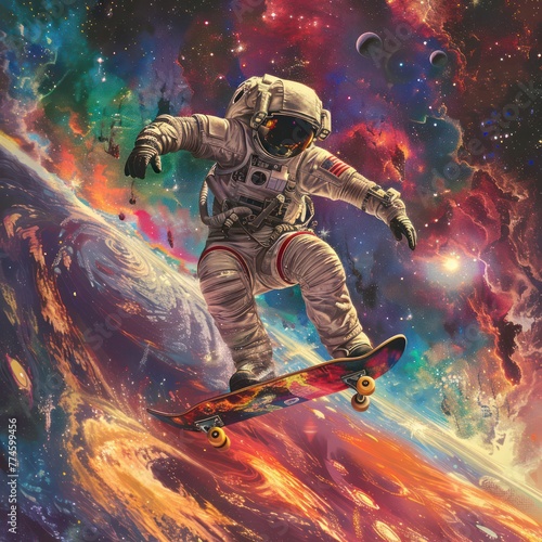 A skateboard is flipped by an astronaut against a colorful space nebula background, perfect for t-shirt designs or printing products.  © Matthew