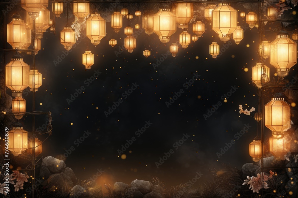Lanterns with soft glowing lights forming a border around the text Lanterns with soft glowing lights forming a border around the text