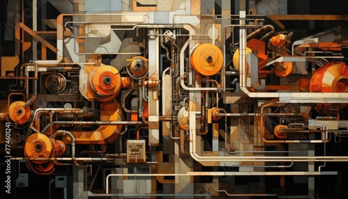 interplay of geometric forms in motion within an industrial setting. The image showcases the dynamic and abstract shapes created by the movement of industrial machinery or equipment