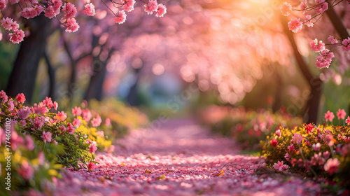 Sun-Kissed Cherry Blossom Lane - Golden Hour Glow; Floral Springtime Walk; Suited for Travel and Leisure Guides, Romantic Novel Covers, Seasonal Wall Art, with copy space for text