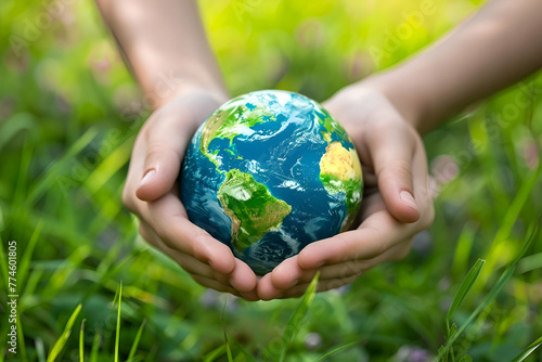 Hands Holding Earth in Grass - Global Conservation Effort; Environmental Stewardship; Ideal for Earth Day Campaigns, Eco-Friendly Initiatives, Educational Materials