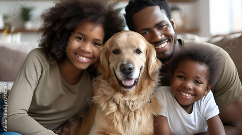 Happy Family with Golden Retriever Enjoying Quality Time at Home; Heartwarming home scene; Ideal for veterinary services, family lifestyle catalogs, pet care training, print