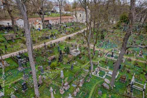 Aerial spring view of Bernardine Cemetery (Bernardinu kapines) in Vilnius, Lithuania