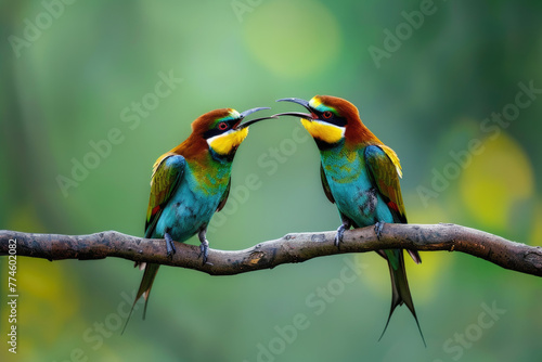 Colorful European bee-eaters sitting on a branch and arguing against a green background
