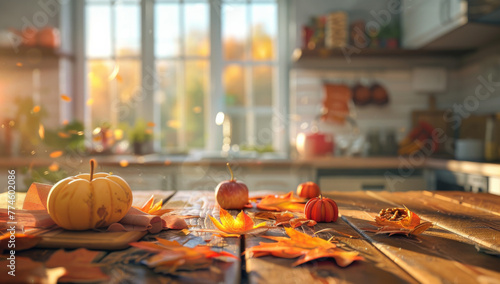Autumn kitchen interior with wooden table, pumpkins and autumn leaves on the background of cozy warm modern home