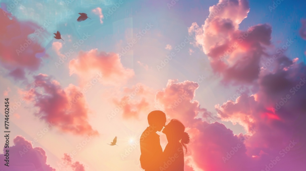 Lovebirds' Sunset Romance in Pastel Sky Setting