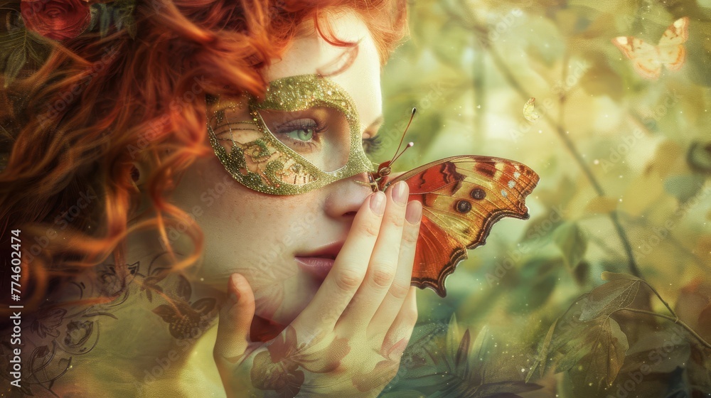 A red-haired woman adorned with a glittering mask gently interacts with a butterfly, surrounded by a soft, mystical ambiance of nature.