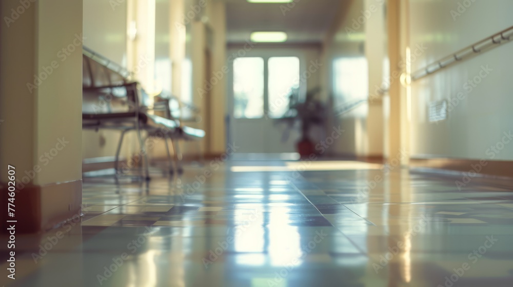 A quiet hospital corridor bathed in soft sunlight, suggesting a calm moment in a healthcare facility, suitable for medical brochures or healthcare websites.