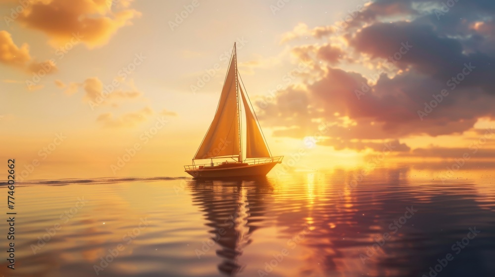 Tranquil Lake Sunset Sailboat Close-Up in Golden Light