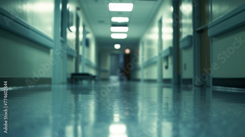 A quiet hospital corridor bathed in soft sunlight, suggesting a calm moment in a healthcare facility, suitable for medical brochures or healthcare websites.