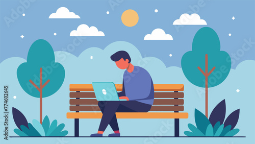 A programmer sitting on a bench in a park taking a break from their screen and device lost in thought as they take in the peacefulness of