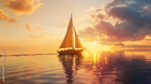 Tranquil Lake Sunset Sailboat Close-Up in Golden Light © Newaystock