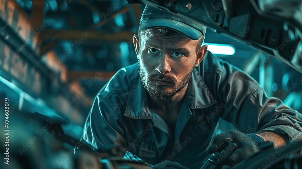 Male car mechanic worker working using wrench tool for repair, maintenance underneath car. Mechanic vehicle service checking under car in garage. copy space. Male car mechanic worker working using wrench tool for repair, maintenance underneath car. Mechanic vehicle service checking under car in garage. copy space.