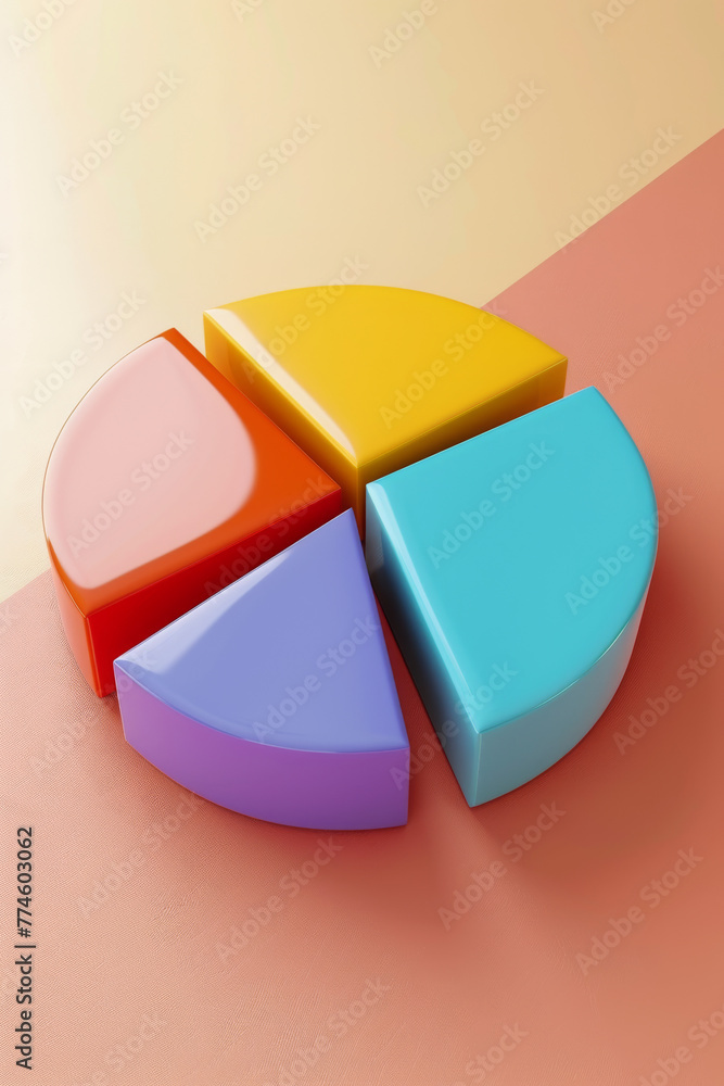 Fototapeta premium A colorful pie chart is cut into four pieces. The pie chart is made of plastic and is placed on a red background